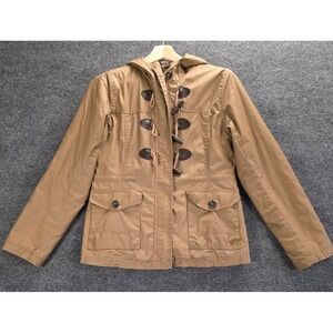 Aeropostale Womens Tan Hooded Duffle Coat Toggle Closure Pockets Size M